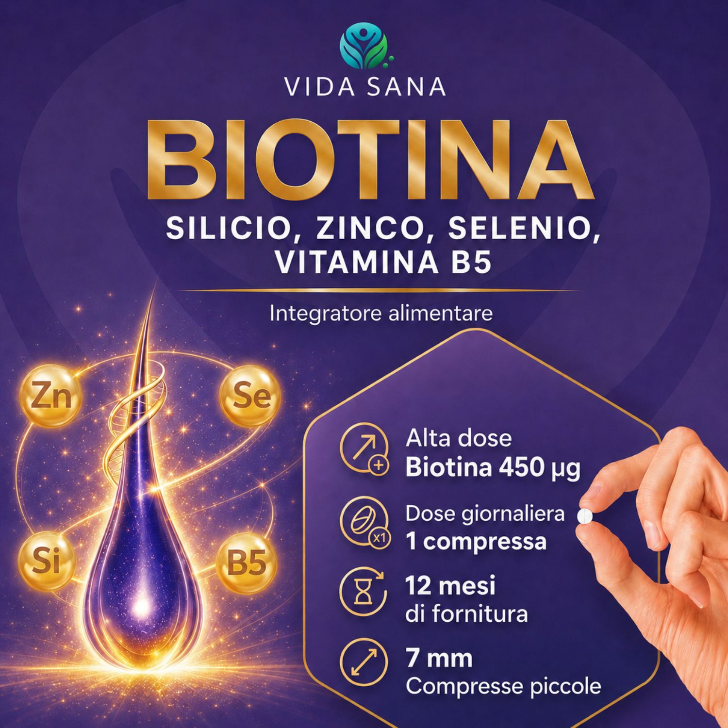 Integratori capelli donna e uomo vitamine capelli Biotina cheratina e zinco Capelli Integratori Pelle e Unghie 365 micro-compresse Supporto Crescita Capelli Zinco Selenio Vitamina B5 - immagine 2