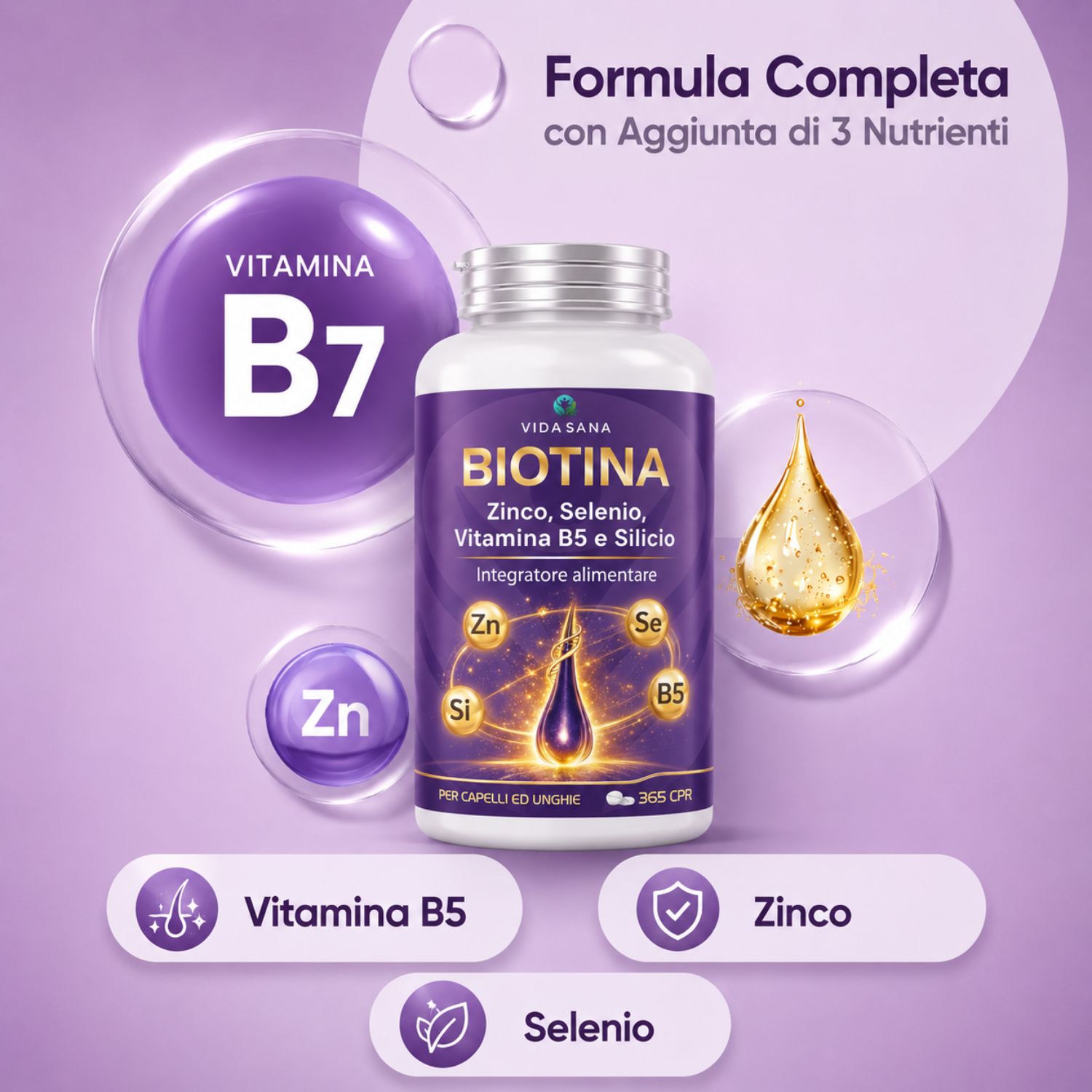 Integratori capelli donna e uomo vitamine capelli Biotina cheratina e zinco Capelli Integratori Pelle e Unghie 365 micro-compresse Supporto Crescita Capelli Zinco Selenio Vitamina B5 - immagine 3