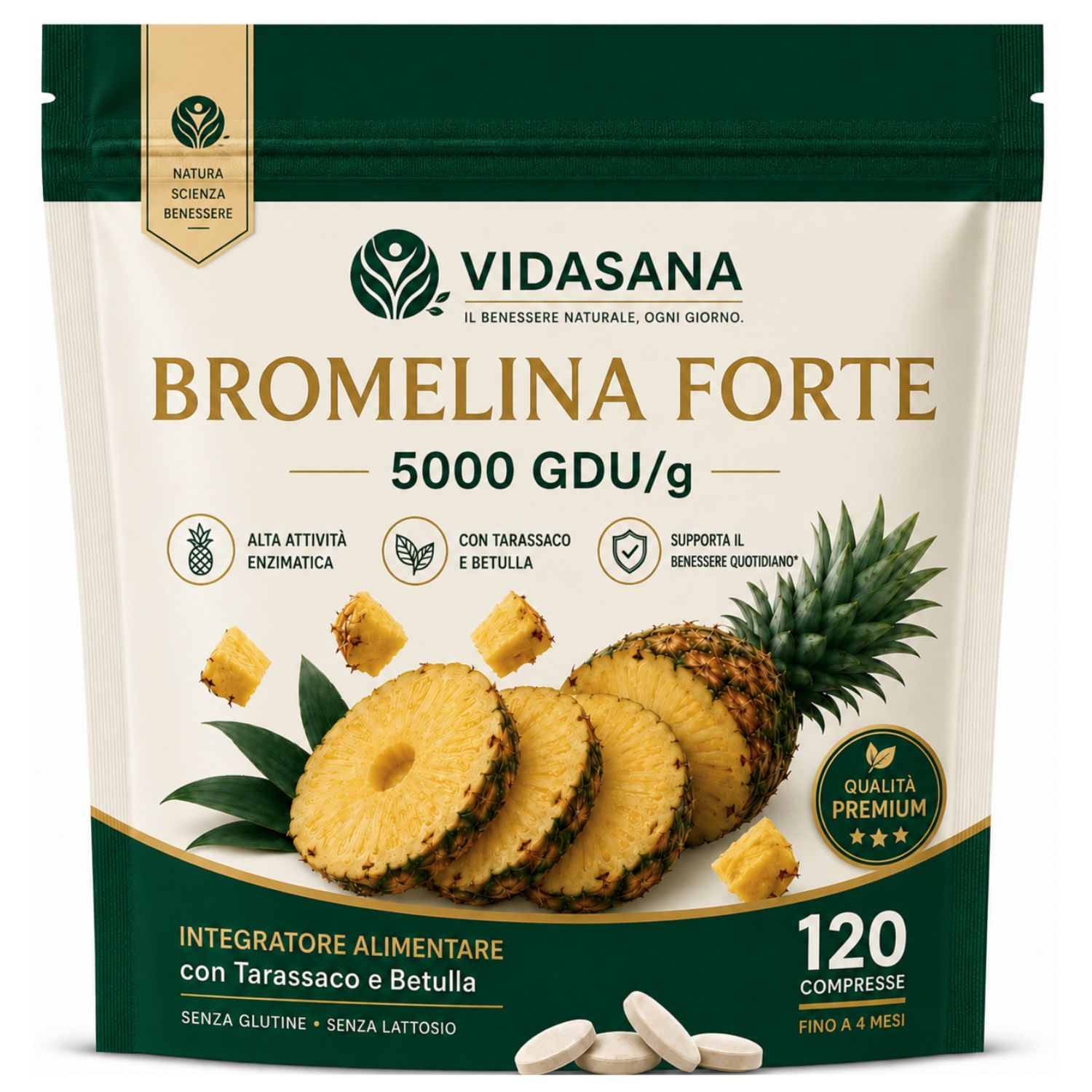 Bromelina Forte Drenante,Tarassaco alta titolazione Effetto Diuretico e tonificante - VIDASANA - Made in italy - bromelina extra forte drenante 5000 gdu/g 120 Cpr