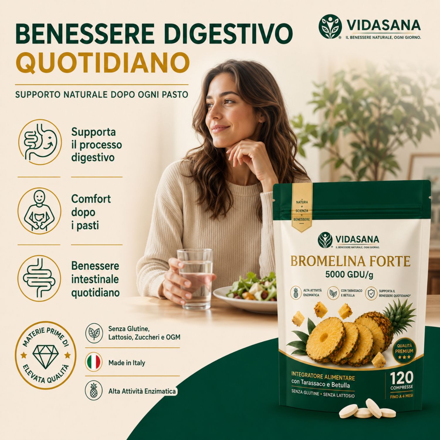 Bromelina Forte Drenante,Tarassaco alta titolazione Effetto Diuretico e tonificante - VIDASANA - Made in italy - bromelina extra forte drenante 5000 gdu/g 120 Cpr - immagine 4