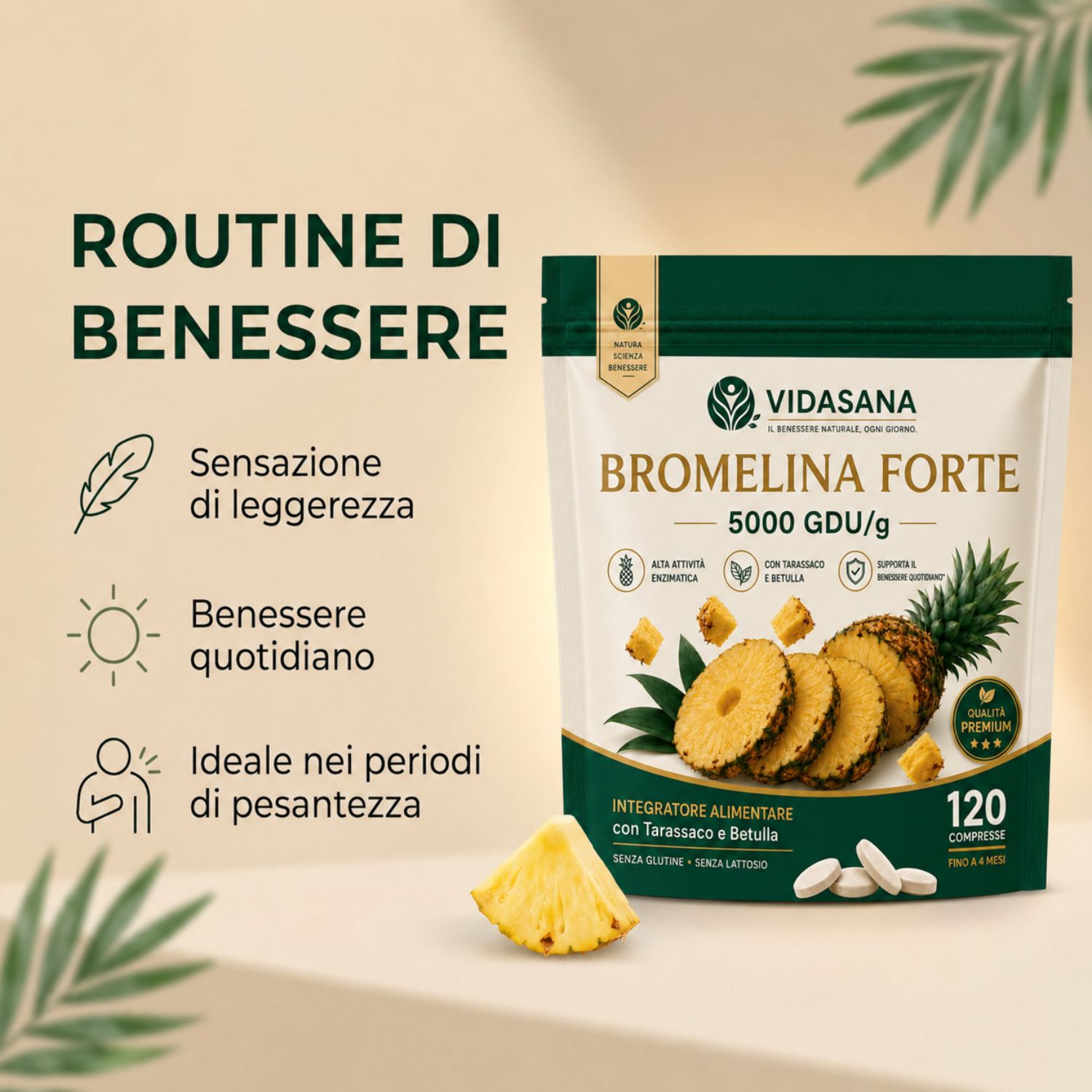 Bromelina Forte Drenante,Tarassaco alta titolazione Effetto Diuretico e tonificante - VIDASANA - Made in italy - bromelina extra forte drenante 5000 gdu/g 120 Cpr - immagine 6