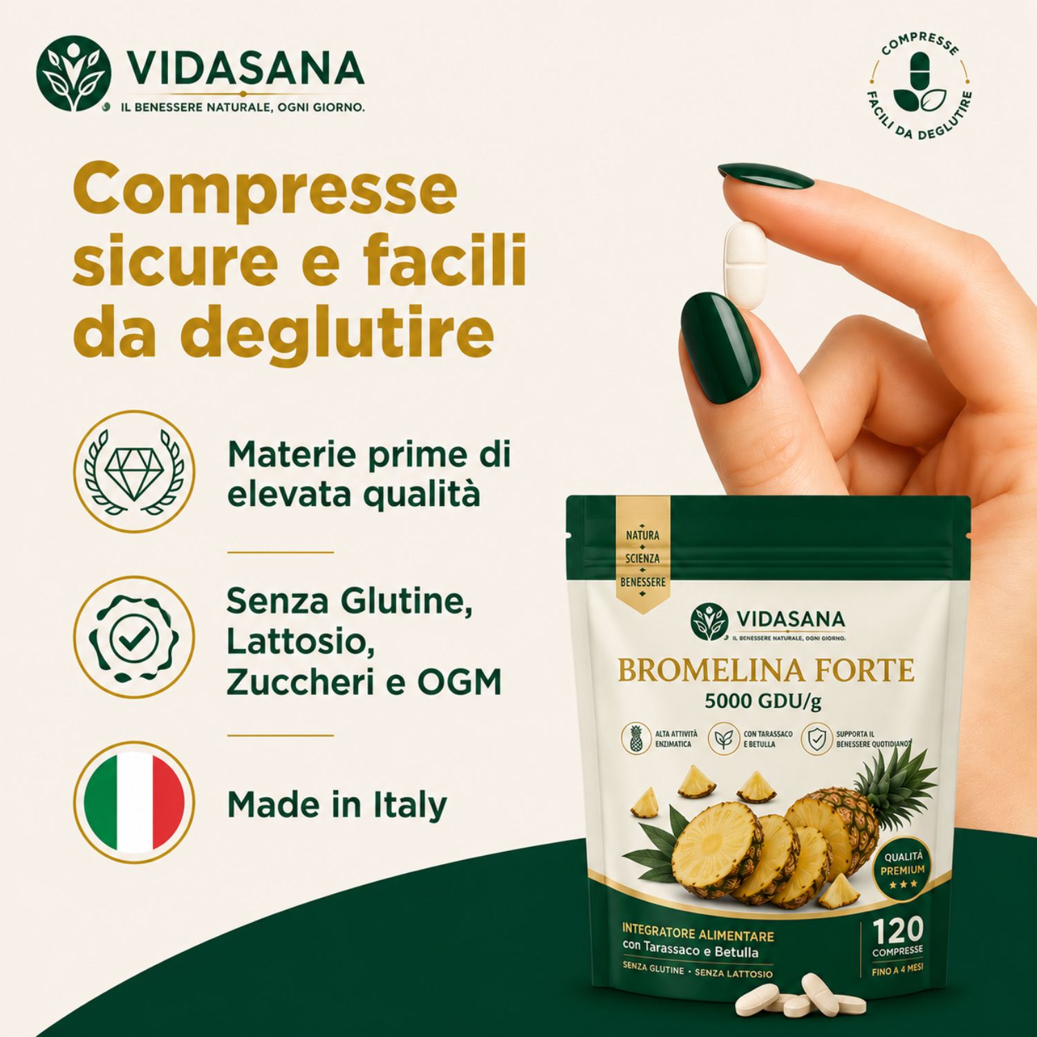 Bromelina Forte Drenante,Tarassaco alta titolazione Effetto Diuretico e tonificante - VIDASANA - Made in italy - bromelina extra forte drenante 5000 gdu/g 120 Cpr - immagine 7