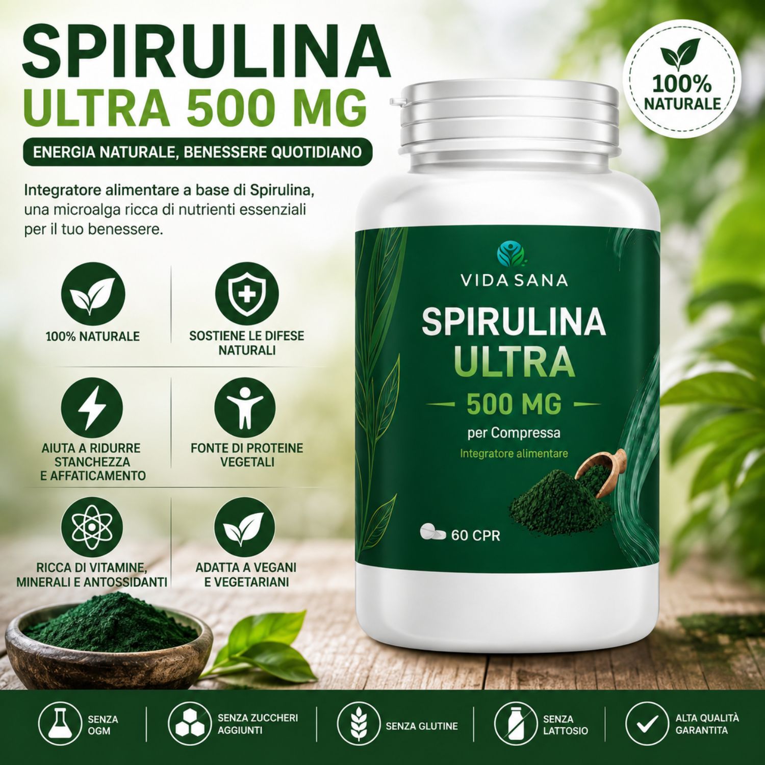 SPIRULINA ULTRA - Integratore Alimentare a base di Spirulina - 60 Compresse da 500 mg - Supporto per la routine quotidiana ed il benessere - immagine 2