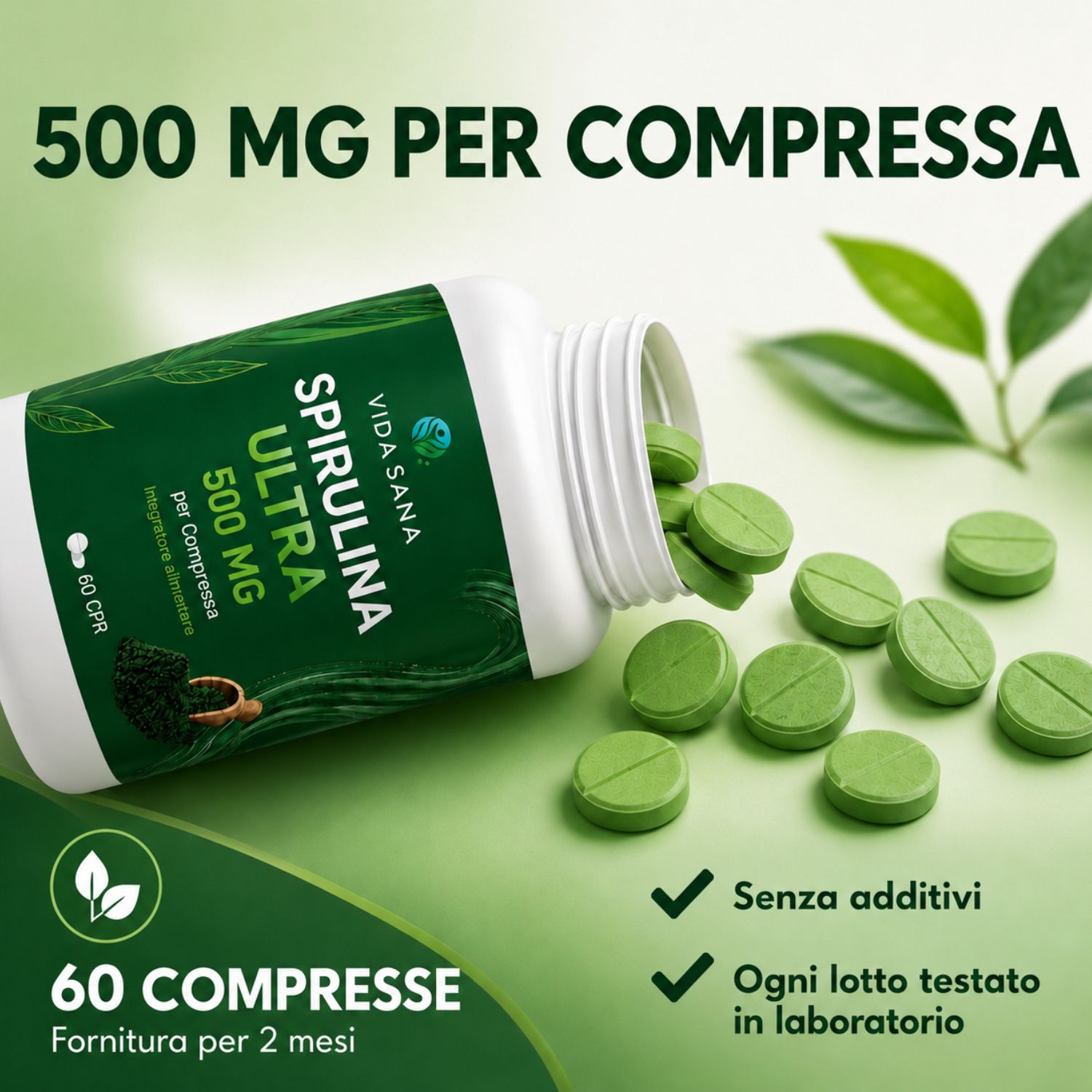 SPIRULINA ULTRA - Integratore Alimentare a base di Spirulina - 60 Compresse da 500 mg - Supporto per la routine quotidiana ed il benessere - immagine 4